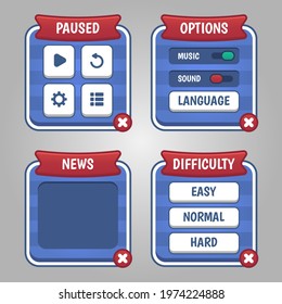 Set of game menu selection for rpg and adventure game, including menu, level selection, option etc. Vector illustration flat design