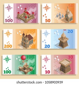 A set of game money with the image of architectural structures. Isometric. Vector illustration.