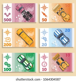 A set of game money with the image of vehicles. Isometric. Vector illustration.