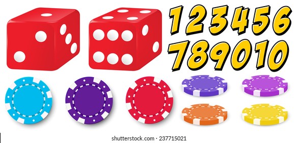 Set of game with numbers, chips and dice