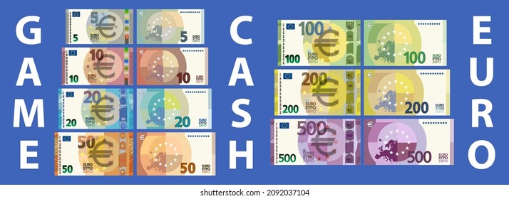 A set of game paper money in the style of EU cash. Banknotes in denominations of 5, 10, 20, 50, 100, 200 and 500 euros. Obverse and reverse svg