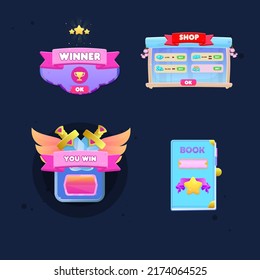 Set Of Game Pop Ups . Winner Pop Up Reward , Shop Wooden Pop Up , You Win With Wings And Swords , And Book Icon Cute Colorful Cartoon Vector Design