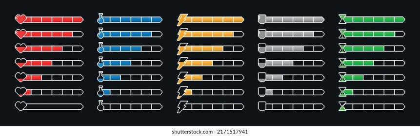 Set of game progress bars. Pixel scales of health, energy, time, protection and mana with different level of fullness. Heart and lightning, hourglass and shield, potion. Cartoon flat vector collection