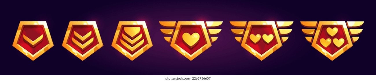 Set of game rank badges with hearts isolated on background. Vector cartoon illustration of golden pentagonal progress medals with chevrons, metal wings. Life, power, energy symbols. Gui elements