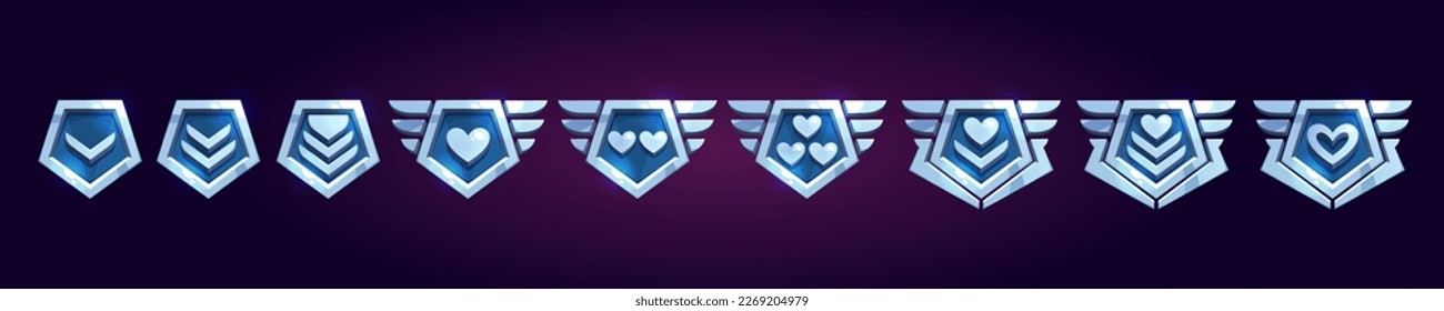 Set of game rank badges with hearts isolated on background. Vector cartoon illustration of silver pentagonal progress medals with chevrons, metal wings. Life, power, energy symbols. Gui elements