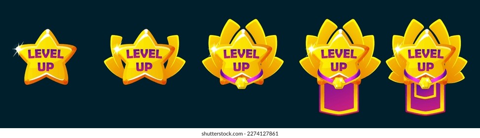 Set of Game Rank badges. Level up icons with star, ranking awards