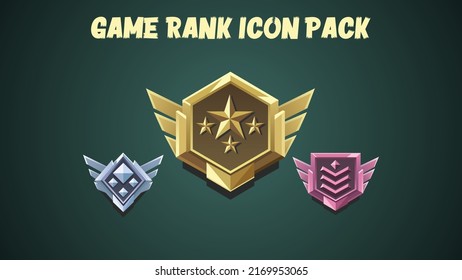 Set of game rank icon. Rank badges for achievement, Ranking, development reward, isolated cartoon trophy labels.