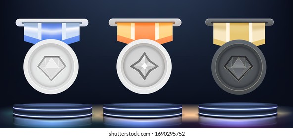 Set of Game rating icons with medals.Blue, Orange, Yellow Vector Illustration, Vector round assets for game design.Award vector illustration.