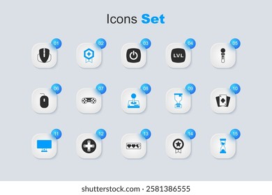 Set Game rating with medal, controller or joystick, Computer monitor, Old hourglass, Playing cards, mouse and Joystick for arcade machine icon. Vector