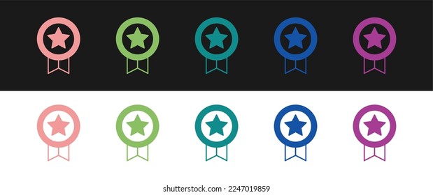 Set Game rating with medal icon isolated on black and white background. Level results for game.  Vector