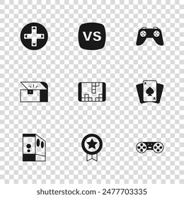 Set Game rating with medal, Playing cards, controller or joystick, Portable video game console, VS Versus battle and Chest for icon. Vector