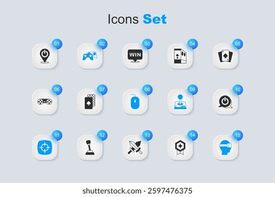 Set Game rating with medal, Playing cards, controller or joystick, Target sport, Virtual reality glasses, Power button,  and Computer mouse icon. Vector