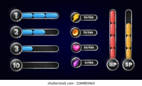 Set of game resource bars. Gui elements for Computer Game. Gaming Design Template. Vector illustration