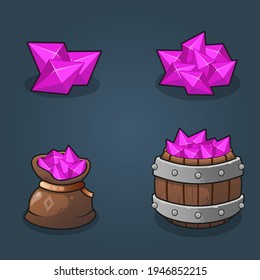 Set of game resource crytals reward stacks, full in sack and Full of wooden buckets on dark background, vector illustration