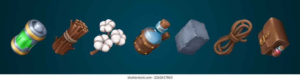 Set of game resource icon with battery, wood, cotton and water in vector. Cartoon isolated illustration of stone and bag for drop for achieve level. 3d battery charge or xp asset. Loot material vector svg