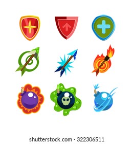Set for game resources, weapon and Shields icons collection vector illustration