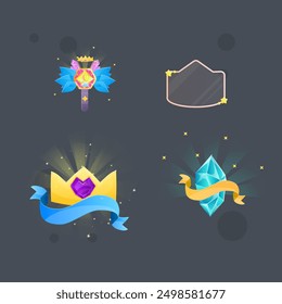 Set Of Game Rewards Badges Magic Wand Crown Frame Golden Crown Gem Isolated Vector Design