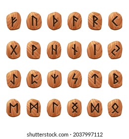 Set of game runes, nordic ancient alphabet, viking celtic futark symbols engraved on wooden pieces. Esoteric occult signs, mystic ui or gui design elements, isolated cartoon vector illustration, icons