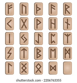 Set of game runes, nordic ancient alphabet, viking celtic futark symbols engraved on wooden pieces. Esoteric occult signs, mystic ui or gui design elements, isolated cartoon vector illustration, icons