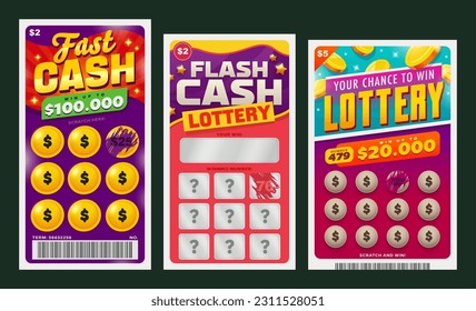 Set of game scratch win cards and tickets using for instant lottery. Vector illustration