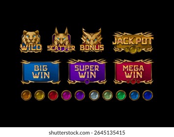 set of game slots with super win, jackpot, wild, scatter banner frame template in colorful golden ancient medieval theme
