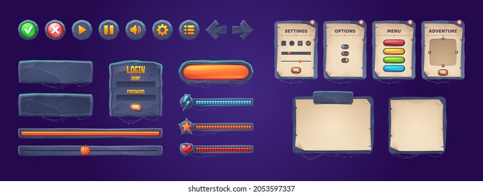 Set of game stone frames, bars, ui scrolls, boards with antique parchments and menu buttons. Cartoon interface elements, empty borders with banners, ui or gui design scales, keys, user panel settings