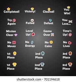 Set of game text lettering in cartoon flat style. 2d asset for user interface GUI in mobile application or casual video game.