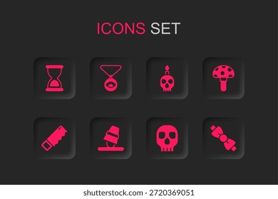 Juego de dedales, medallón en cadena con ojo, reloj de arena viejo, cráneo, seta de psilocibina, pajarita, calavera de vela ardiente e icono de sierra de mano. Vector