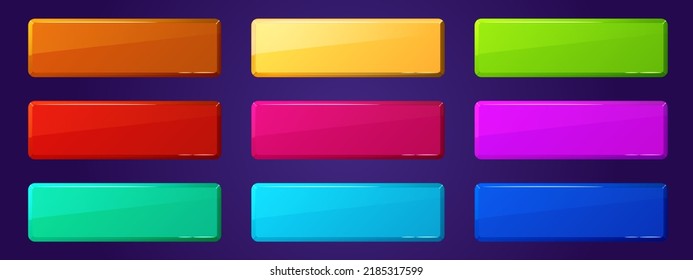 Set of game ui app buttons, icons, boards or plaques. Cartoon glossy menu interface colorful blocks, rectangular panels. Gui graphic design elements for user settings isolated 2d vector illustration