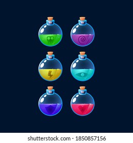 Set of game ui colorfull potion bottle magic power up for gui asset elements vector illustration