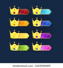 Set Game UI Glamour Glossy Gem Oval Button Bar Crowns Icon In Different Colors With Golden Vintage Border Vector Design