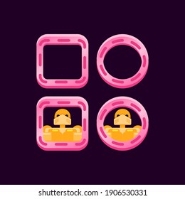 set of game ui glossy pink border with character avatar preview vector illustration