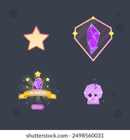 Set Of Game UI Icons And Badges Star Gem Winner Pop Up And Skull Gem Isolated Vector Design