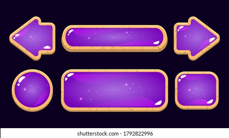 Set of game ui purple jelly button with wooden border. Perfect for 2d gui vector illustration