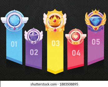 Set of Game ui rating Badges for Game  Winners.Game Golden, Silver, Bronze Medal. Vector Illustration, Vector round assets for game design.Award vector illustration.