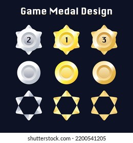 Set of Game ui rating Badges for Game Winners.Game Golden, Silver, Bronze Medal. Vector Illustration, Vector round assets for game design.Award vector illustration. Level Medal Set Design. Games medal