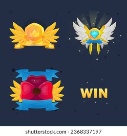 Set Of Game UI Reward Badges Coins Medals Golden Metal Winner VIP Isolated Vector Design
