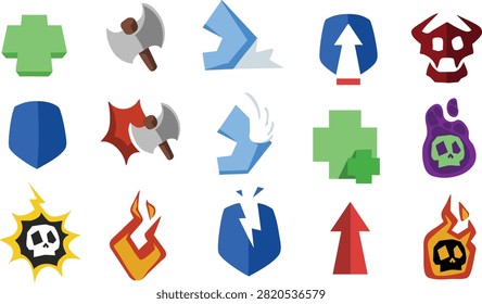 Set of Game UI Status Icons, RPG Buff and Debuff Skill Symbols Vector