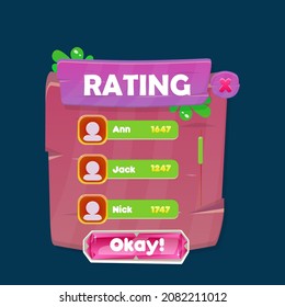 Set Of Game Window Rating Chart Users With Header And Buttons With Plants In Natural Wooden Stone Age Style Vector Design