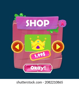 Juego De Ventanas De Juego Ver Precio De La Corona Dorada Con Cabecera Y Botones Con Plantas En Diseño Vector De Estilo De Piedra De Madera Natural