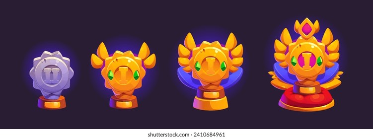 Set of game winner rank trophies isolated on background. Vector cartoon illustration of golden and silver goblets on wooden stands decorated with gemstones, prize for success, success achievement