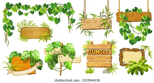 Set game wooden boards and branches liana and tropical leaves. Isolated gui elements plants of jungle and cartoon panels with space for text . Vector illustration on white background.