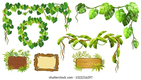 Set game wooden boards and branches liana and tropical leaves. Isolated gui elements plants of jungle and cartoon panels with space for text . Vector illustration on white background.