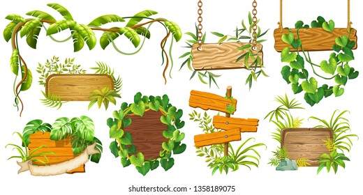 Set game wooden boards and branches liana and tropical leaves. Isolated gui elements plants of jungle and cartoon panels with space for text . Vector illustration on white background.