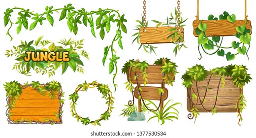 También hay tablas de madera de caza y ramas de liana y hojas tropicales. Elementos gui aislados plantas de selva y paneles de caricatura con espacio para texto . Ilustración vectorial sobre fondo blanco.