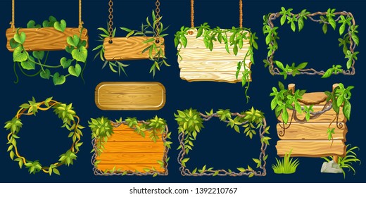 Set game wooden boards and branches liana and tropical leaves. Isolated gui elements plants of jungle and cartoon panels with space for text . Vector illustration on white background.