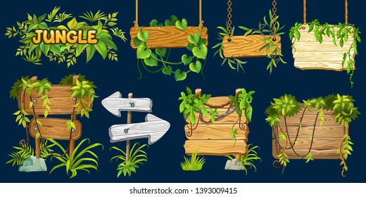 Set game wooden boards and branches liana and tropical leaves. Isolated gui elements plants of jungle and cartoon panels with space for text . Vector illustration on white background.