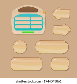 Set Of Game Wooden Buttons And Window In Light Brown Color Vector UI Game Design