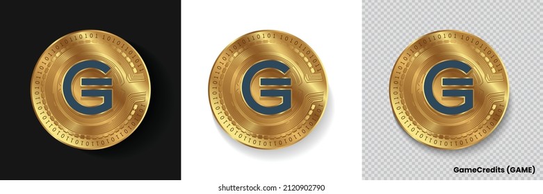 Set of GameCredits (GAME) crypto currency logo symbol vector isolated on white, dark and transparent background. Can be used as golden coin sticker, icon, label, badge, print design and emblem