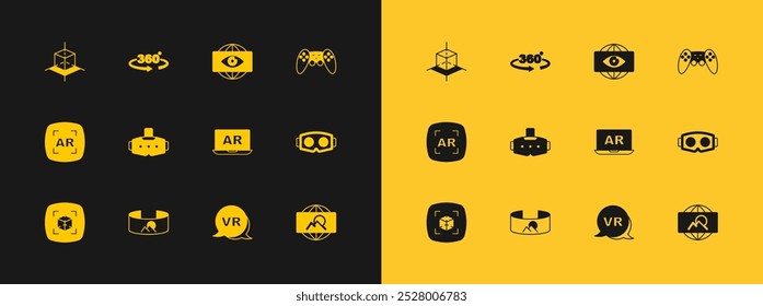 Set Gamepad, 360 degree view, Augmented reality AR, Virtual, glasses, Big brother electronic eye, 3d modeling and  icon. Vector